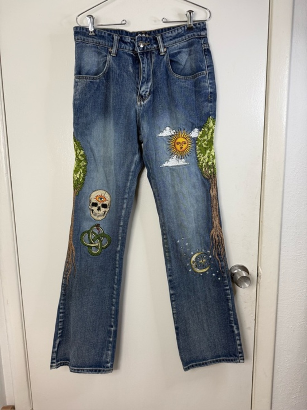 MBM Marcos Alvarado As Above So Below embroidered sun, moon, trees Jeans 30